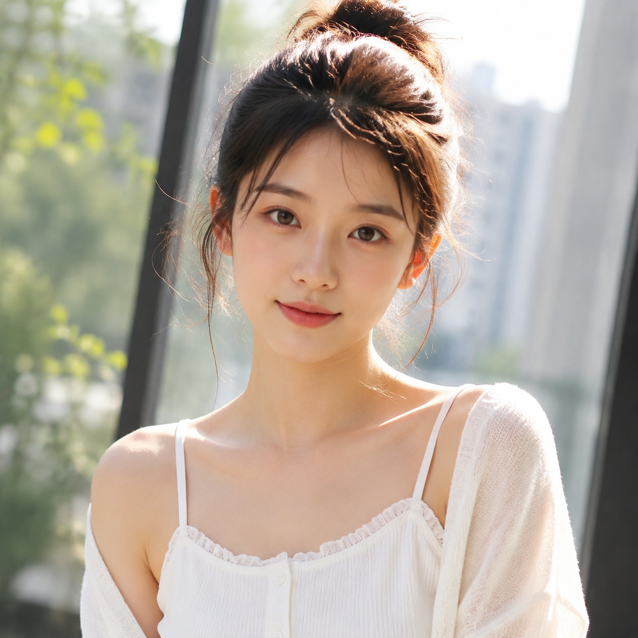 阳光下的少女半身像，清透肤色，写实摄影风格