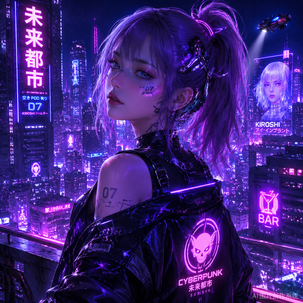 赛博朋克少女，霓虹紫粉，未来感
