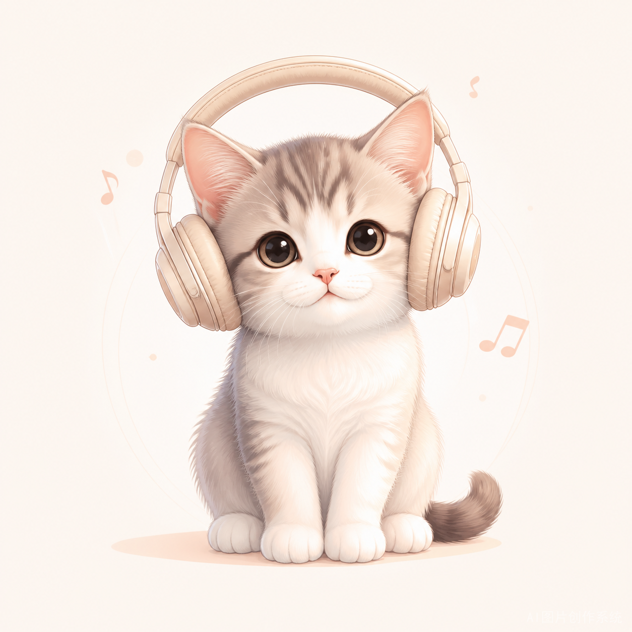 一只戴耳机的小猫，柔和背景，商业插画风格