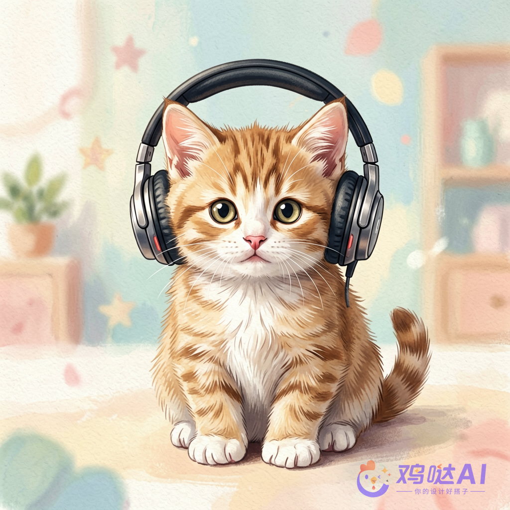 一只戴耳机的小猫，柔和背景，商业插画风格