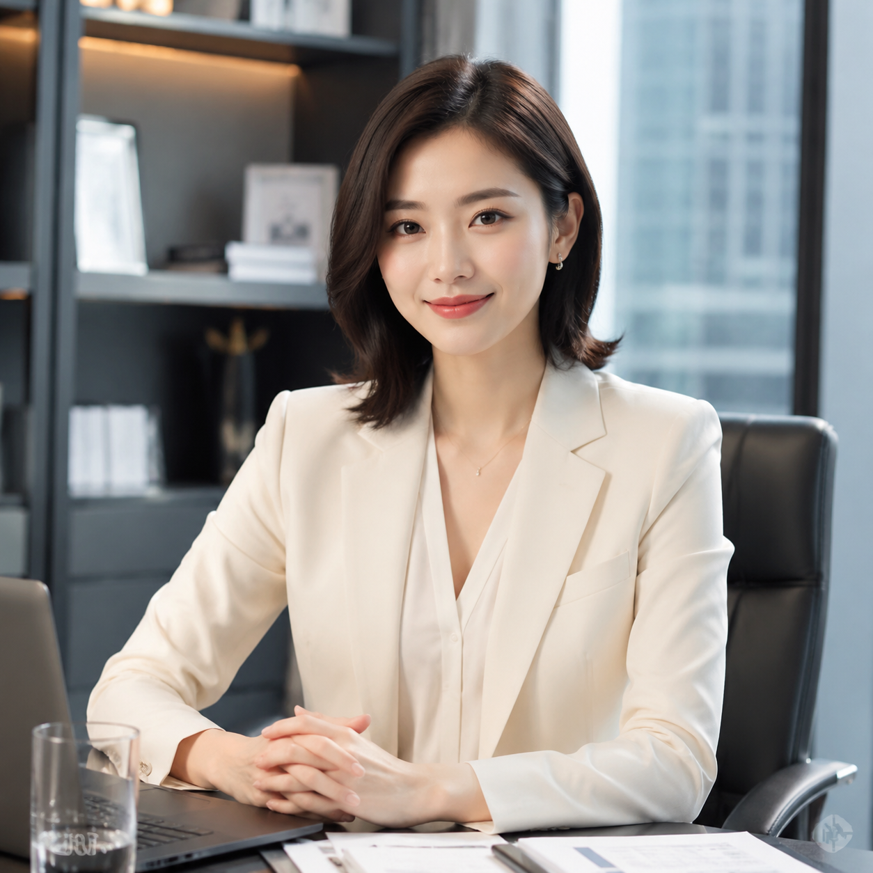 职场女性肖像，高级感办公室背景，真实摄影