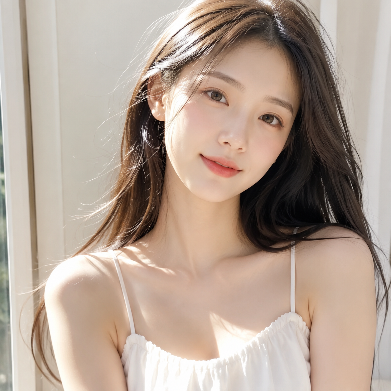 阳光下的少女半身像，清透肤色，写实摄影风格